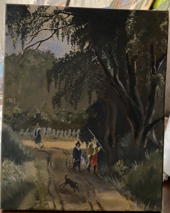 Painting маслом Фламандская манера живописи: фрагмент пейзажа Мейндерт Хоббема «Лесная дорога»