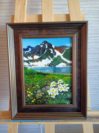 Картина маслом Горное озеро и белые цветы