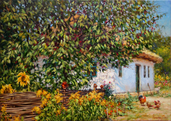 Картина маслом Вишня у хаты.