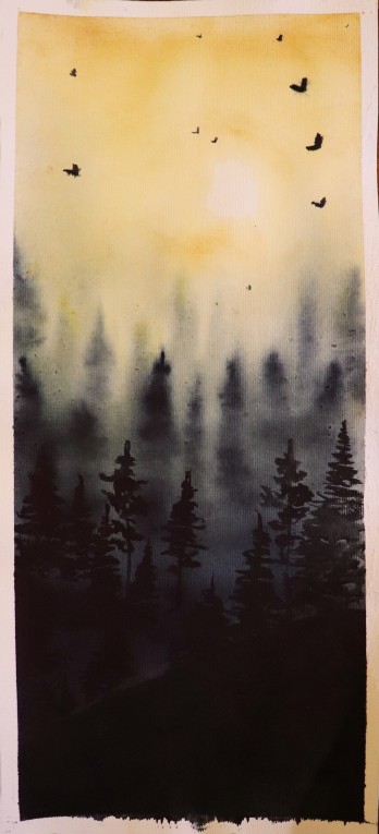 Картина акварелью Лес в тумане