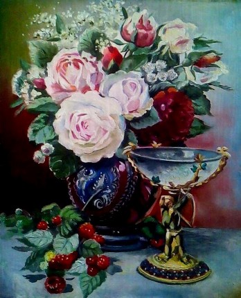 Картина маслом Розы с малиной