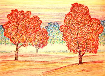 Картина в смешанной технике Красные деревья