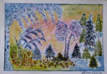 Картина акварелью Сказочный лес. Утро