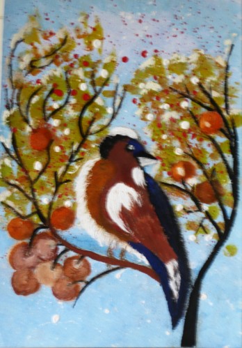 Картина в смешанной технике "Снегирь и райские яблоки в зимнем саду"