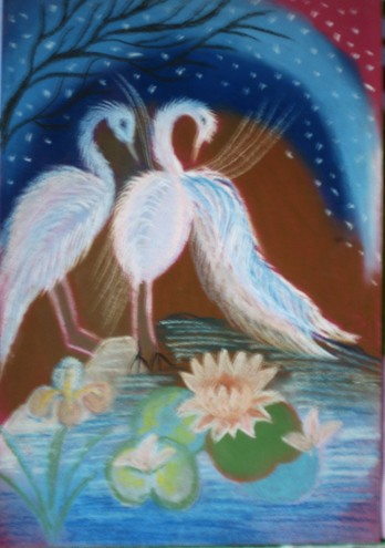 Картина пастелью " Пара журавлей на пруду"