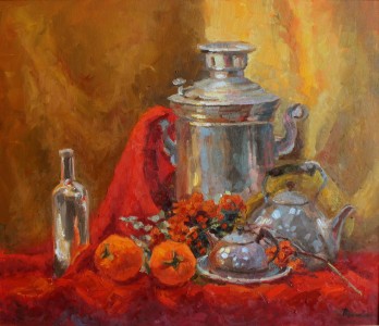 Картина маслом Натюрморт " Серебро на красном"