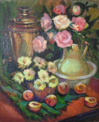 Картина маслом Самовар, цветы, фрукты