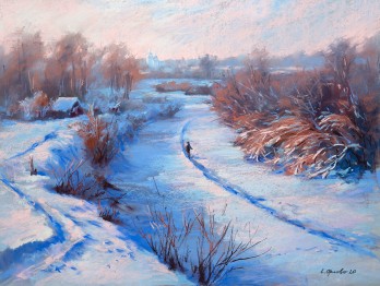 Картина пастелью Замерзшая река