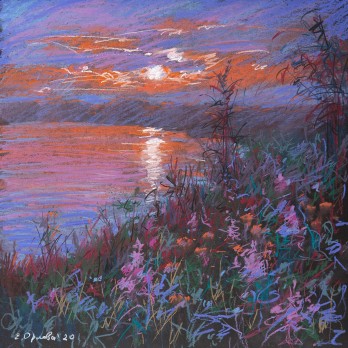 Картина пастелью На берегу озера