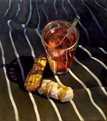 Картина маслом "Чай с печеньем и мыслями о переменчивой зебре жизни".