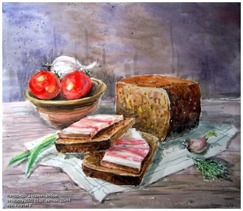 Картина акварелью Натюрморт з чорним хлібом