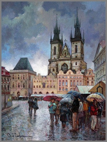 Картина маслом Дождь. Староместская площадь(Влюблённым зонт не нужен)