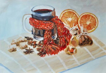 Картина гуашью Натюрморт с чаем и апельсинами