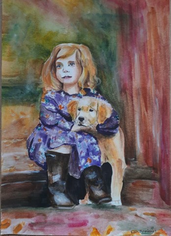 Картина акварелью Девочка и собачка