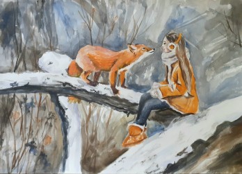 Картина акварелью Девочка и лиса