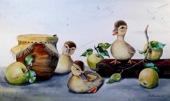 Картина акварелью Муравей и гусята 65см х 38 см