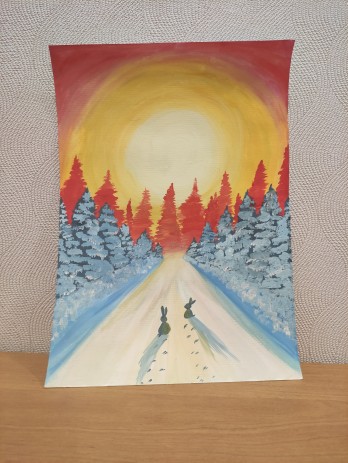 Картина гуашью Зайцы в зимнем лесу