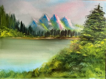 Картина маслом Весеннее озеро в горах