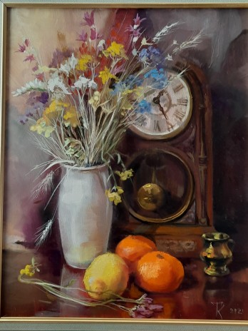 Картина маслом "натюрморт и старинные часы"