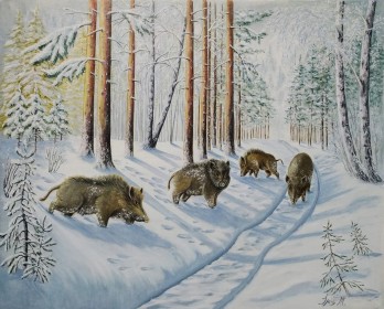 Картина маслом Wild boars in the winter forest 