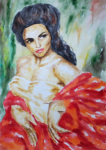 Картина акварелью Девушка в красном