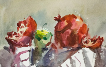 Картина акварелью Натюрморт с гранатами и зеленым яблоком