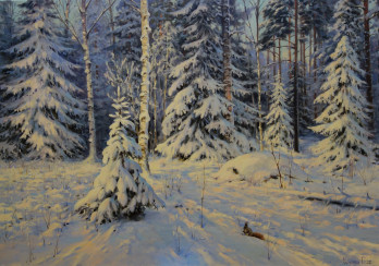 Картина маслом В зимнем лесу.