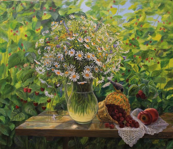 Картина маслом Малиново- Ромашковый Июль