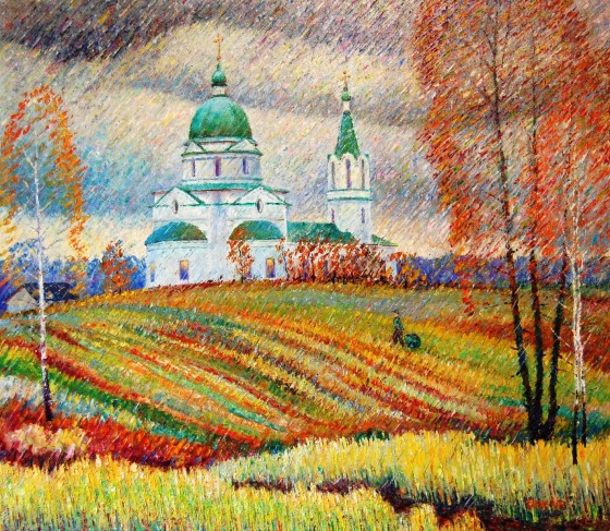Картина маслом Трехсвятительский собор, с. Лемеши. Осенний дождь