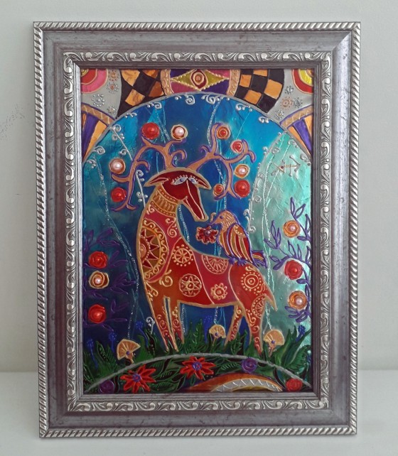 Картина в смешанной технике Витражная картина "Яблочный Олень"  