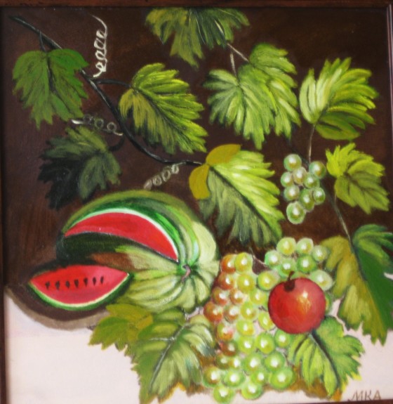Картина маслом "Арбуз, виноград и яблочко"