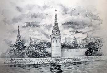 Картина акварелью Московский Кремль