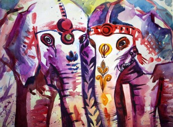 Картина акварелью Слоны