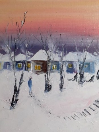 Картина маслом Зимний вечер в деревне