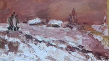 Картина маслом Вечер зимой. Оргалит. Масло.270×160