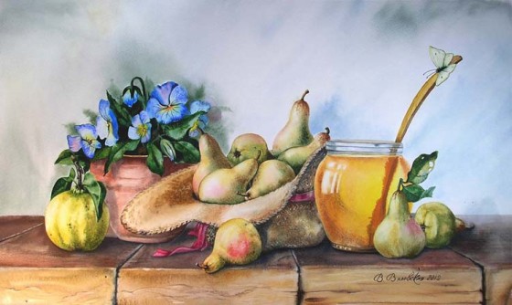 Картина акварелью Шляпка с грушами