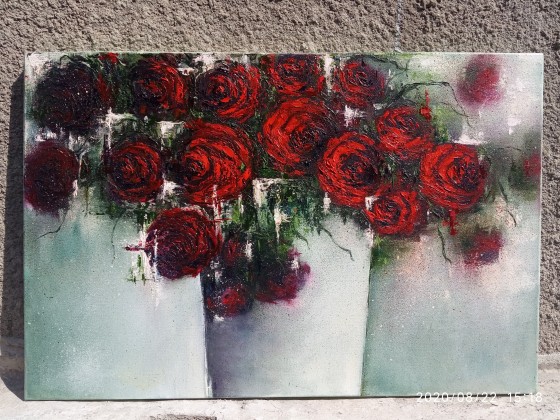 Картина маслом Розы в ведерке