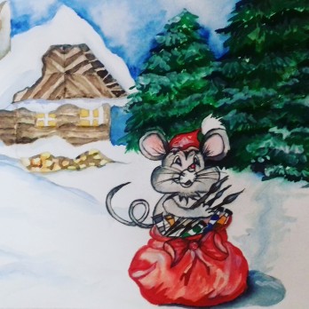 Картина акварелью Мышонок с подарками
