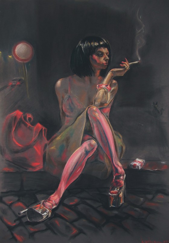 Картина пастелью Розовый чулок или Кошки под фонарем