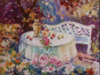 Картина маслом Чаепитие в цветущем  саду