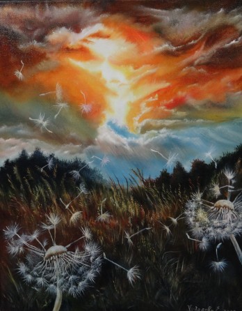 Картина маслом Одуванчики на ветру.