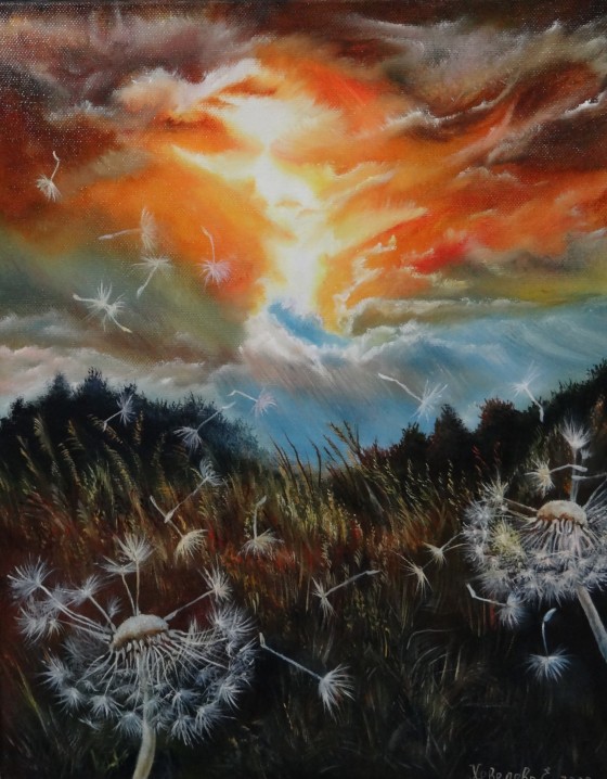 Картина маслом Одуванчики на ветру.