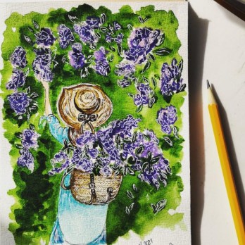 Картина акварелью Сирень в саду